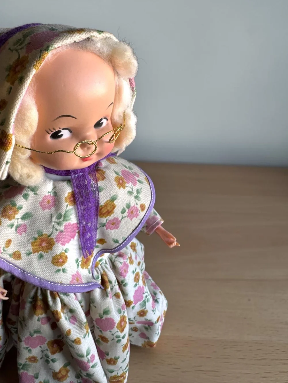 Vintage 1950s Grandma Doll with Floral Dress and Wire Glasses, Mid-Century
